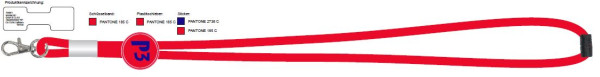 Lanyard in red colour with logo in blue, currently out of stock